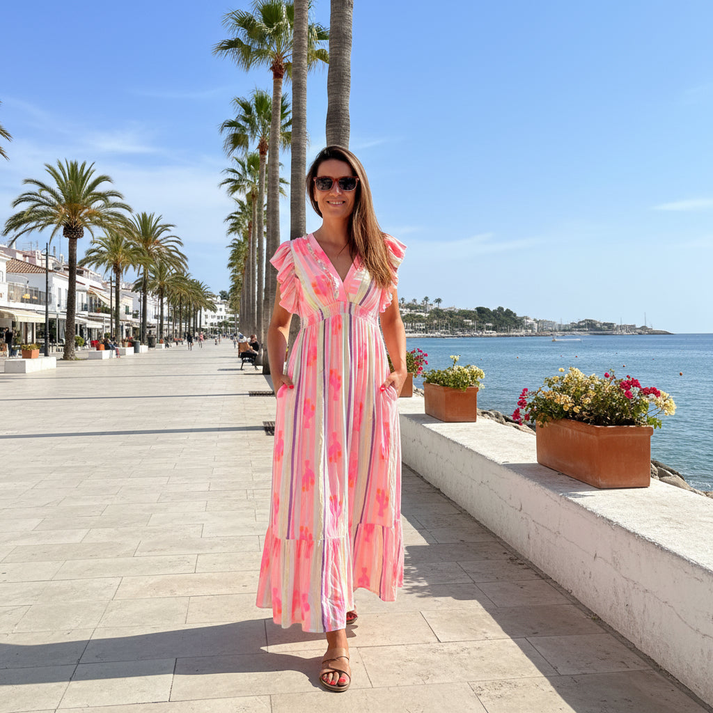 Vestido largo Siempre alegre maxi estampado ikat rayas con volantes y espalda abierta