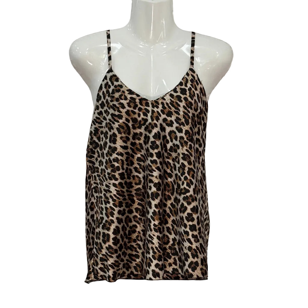 Camiseta Safari de tirantes finos con estampado animal print leopardo y tejido satinado