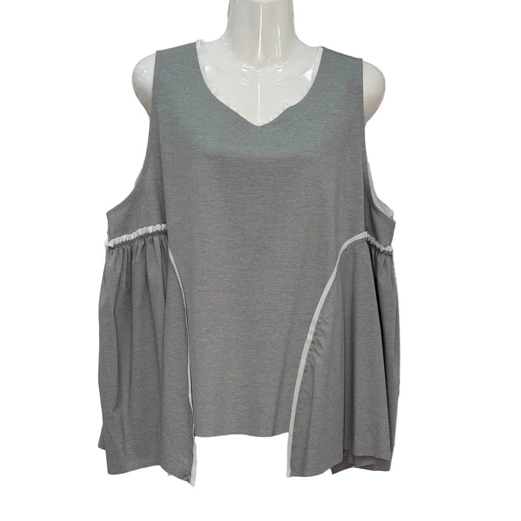 Top Carolina sin mangas con volantes laterales fruncidos y ribete blanco