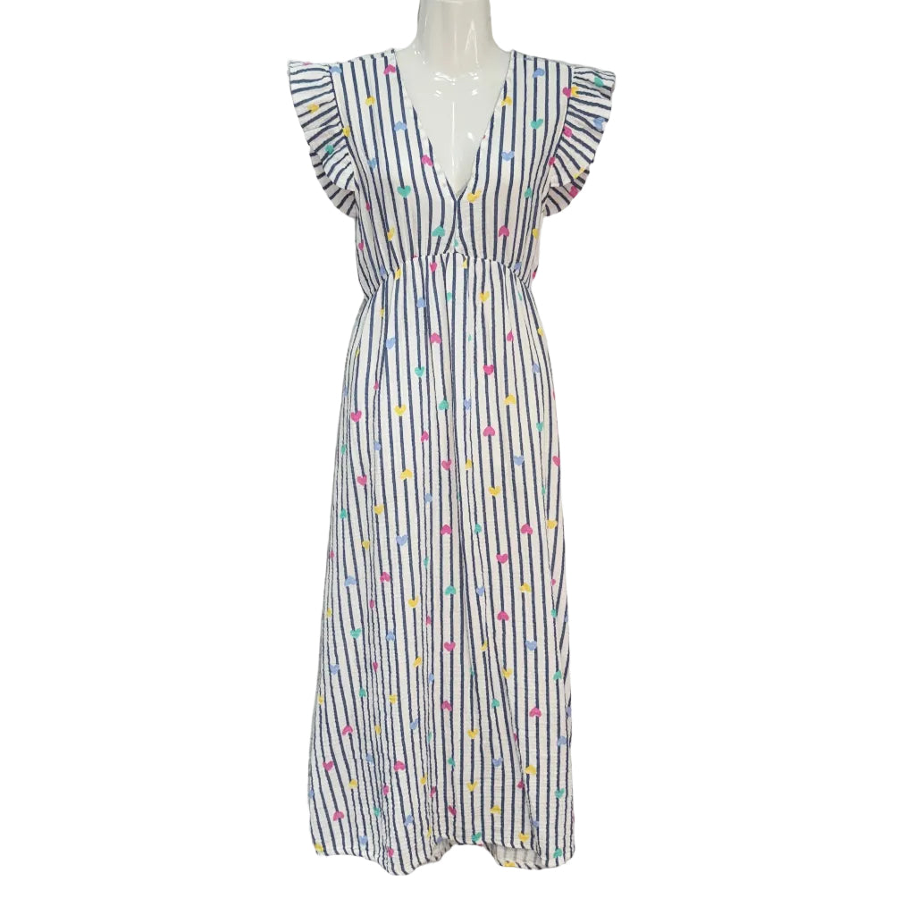 Vestido largo babydoll de rayas con corazones bordados y volantes