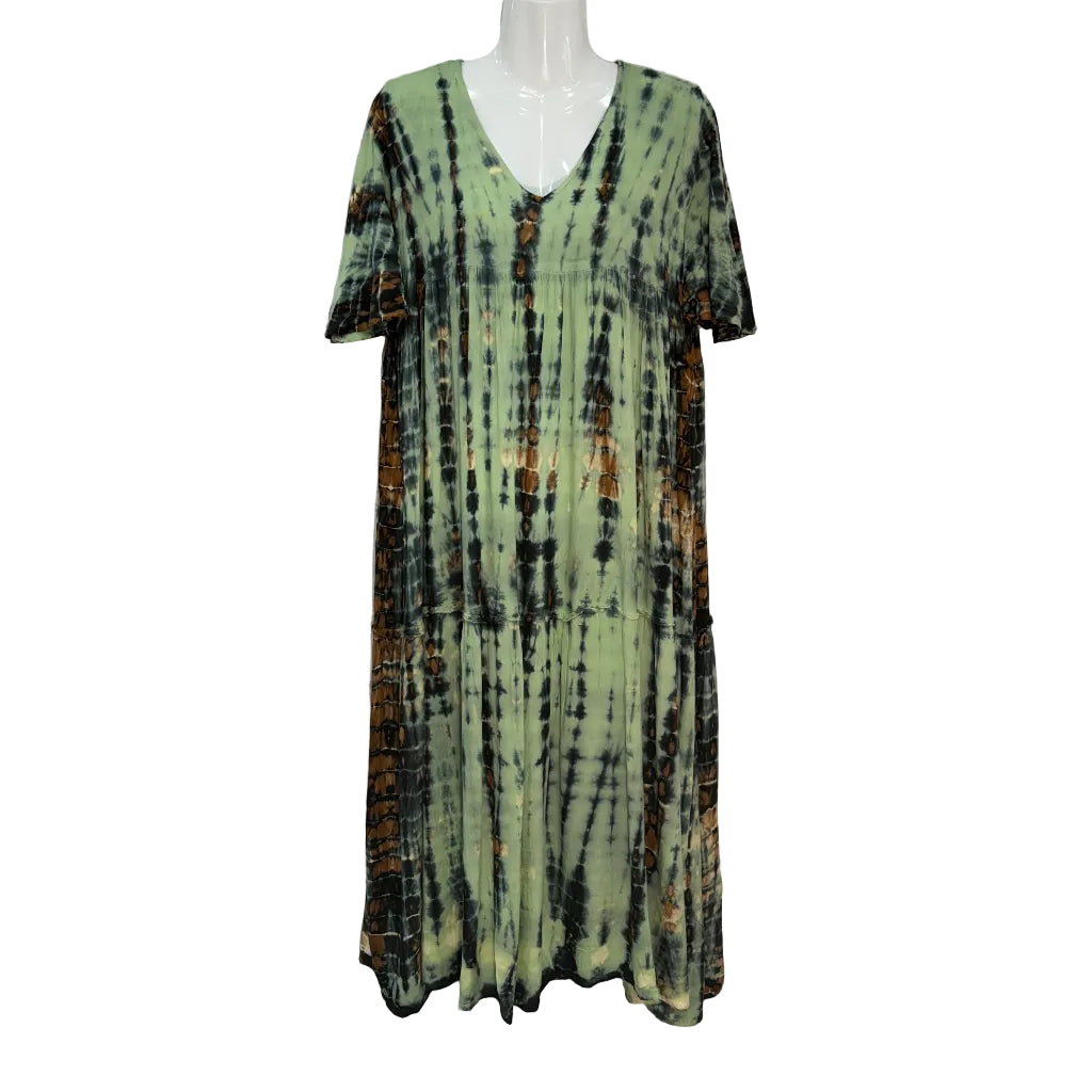 Vestido largo Naturalia tie-dye manga corta escote en V por niveles