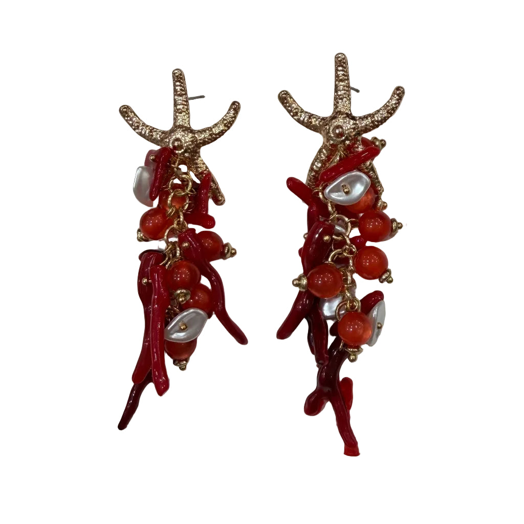 Pendientes Anemona Largos Dorados con Coral Rojo y Perlas Barrocas