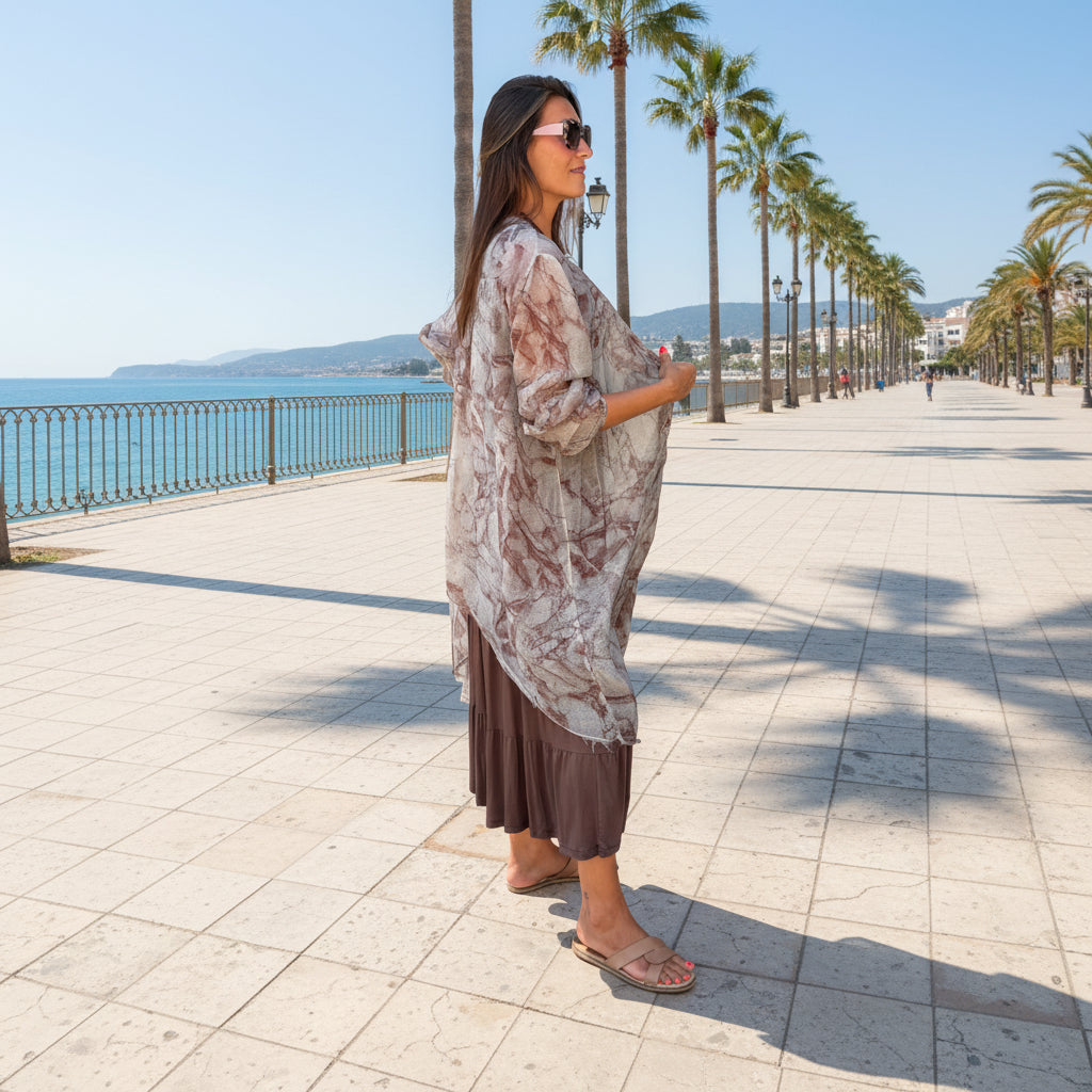 Kimono largo semitransparente con estampado botánico Tempestad