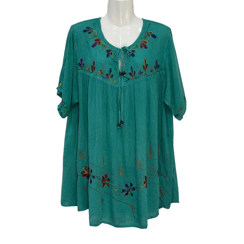 Blusa Playa Pantin - Boho Bordada Manga 3/4 Tejido Crinkle Mujer