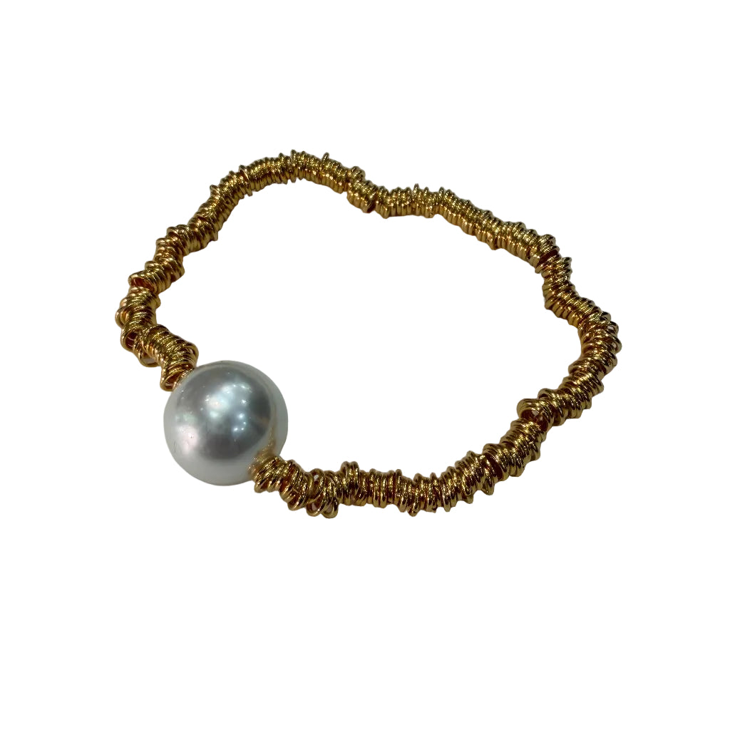 Pulsera elástica Júpiter espiral dorada perla cultivada gris talla única joyería artesanal Angara Moda