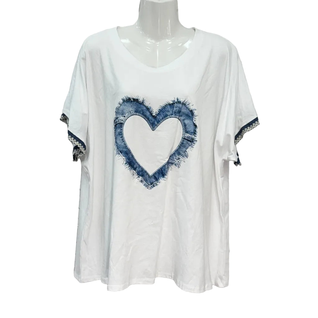 Camiseta Amorcito oversize aplique denim patchwork manga corta encaje