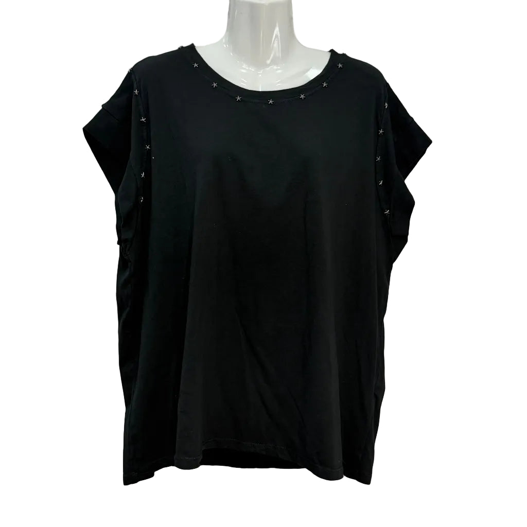 Camiseta Nera de Algodón con Tachuelas Estrella en Escote y Mangas