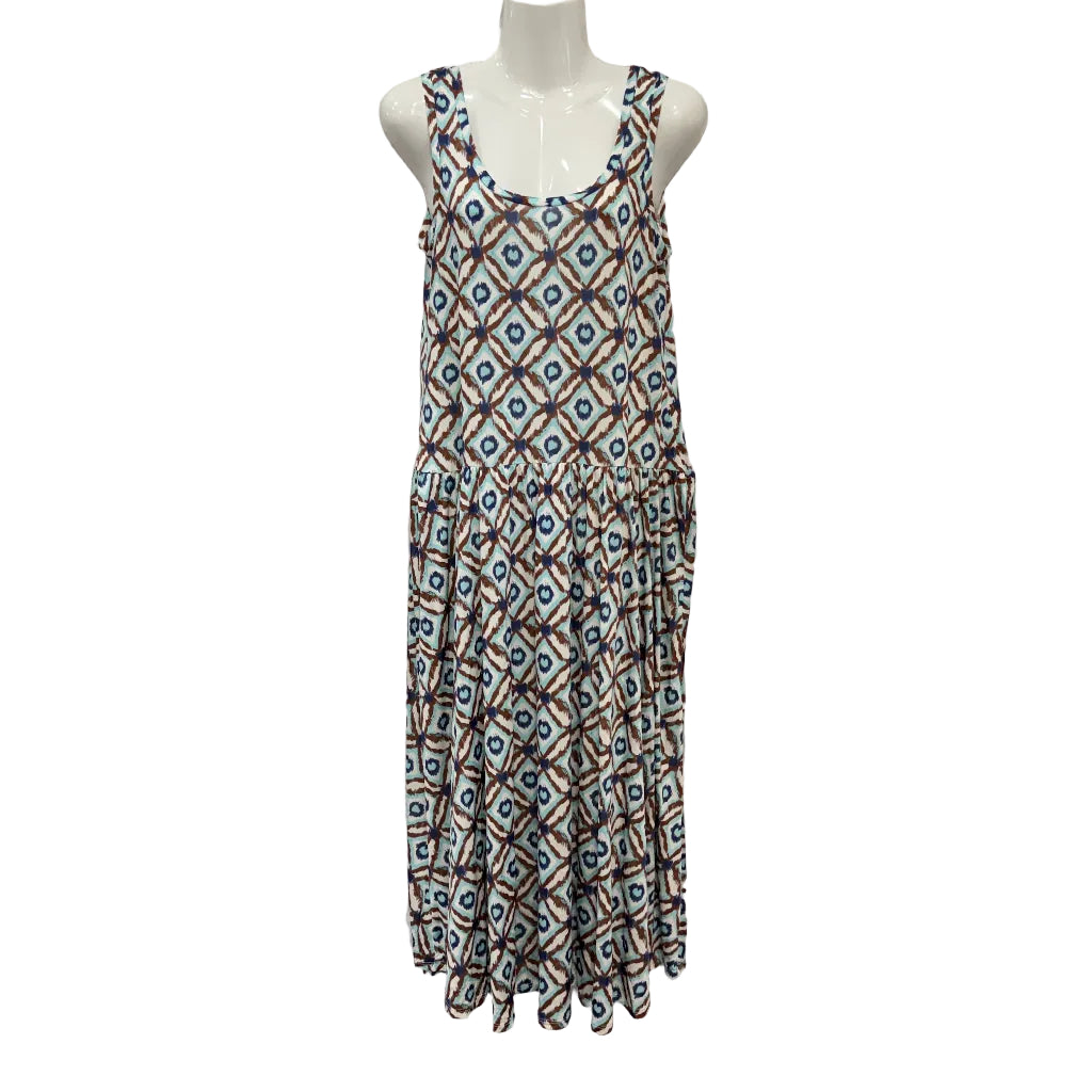Vestido Largo Lorena – Maxi sin Mangas con Estampado Ikat Geométrico y Falda Voluminosa