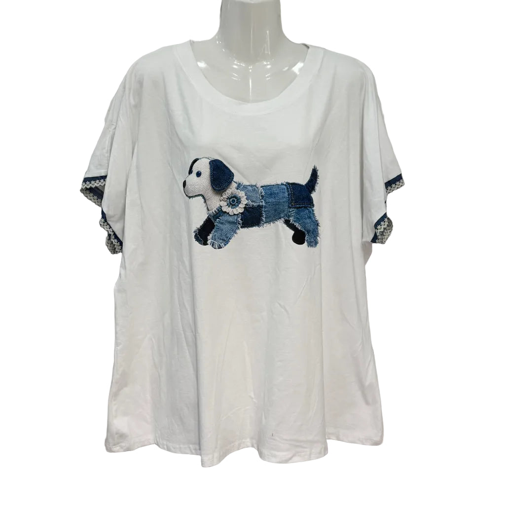 Camiseta Amorcito oversize aplique denim patchwork manga corta encaje