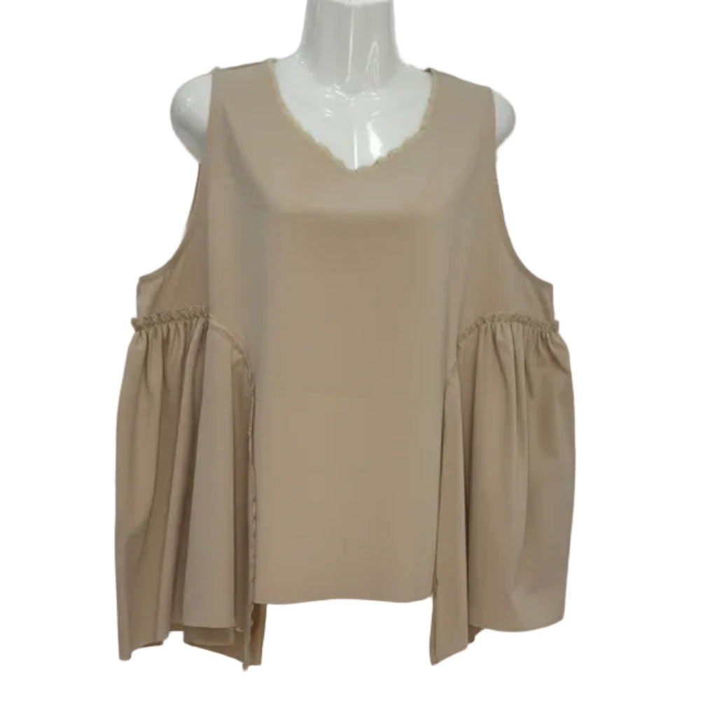 Top Carolina sin mangas con volantes laterales fruncidos y ribete blanco