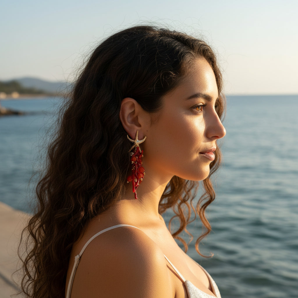 Pendientes Anemona Largos Dorados con Coral Rojo y Perlas Barrocas