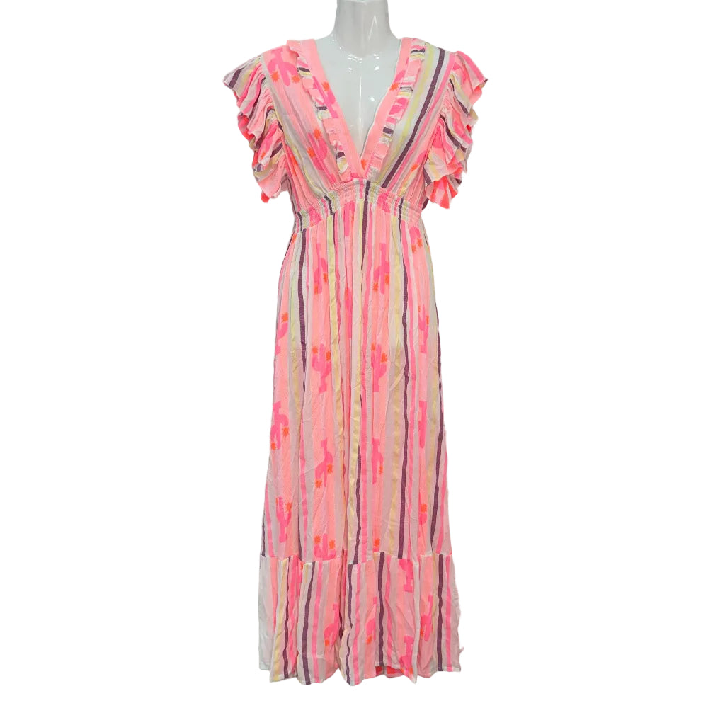 Vestido largo Siempre alegre maxi estampado ikat rayas con volantes y espalda abierta