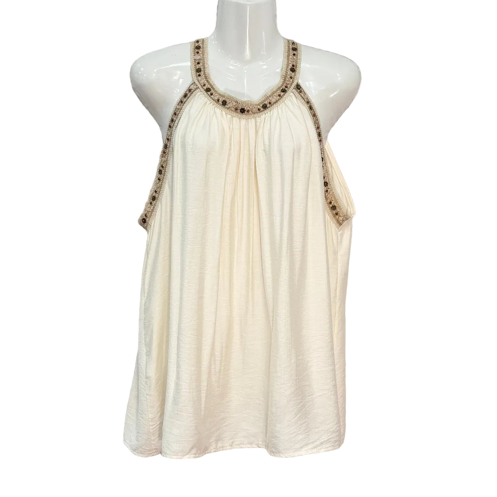 Camiseta Islantilla sin mangas con cuello joya y pedrería artesanal