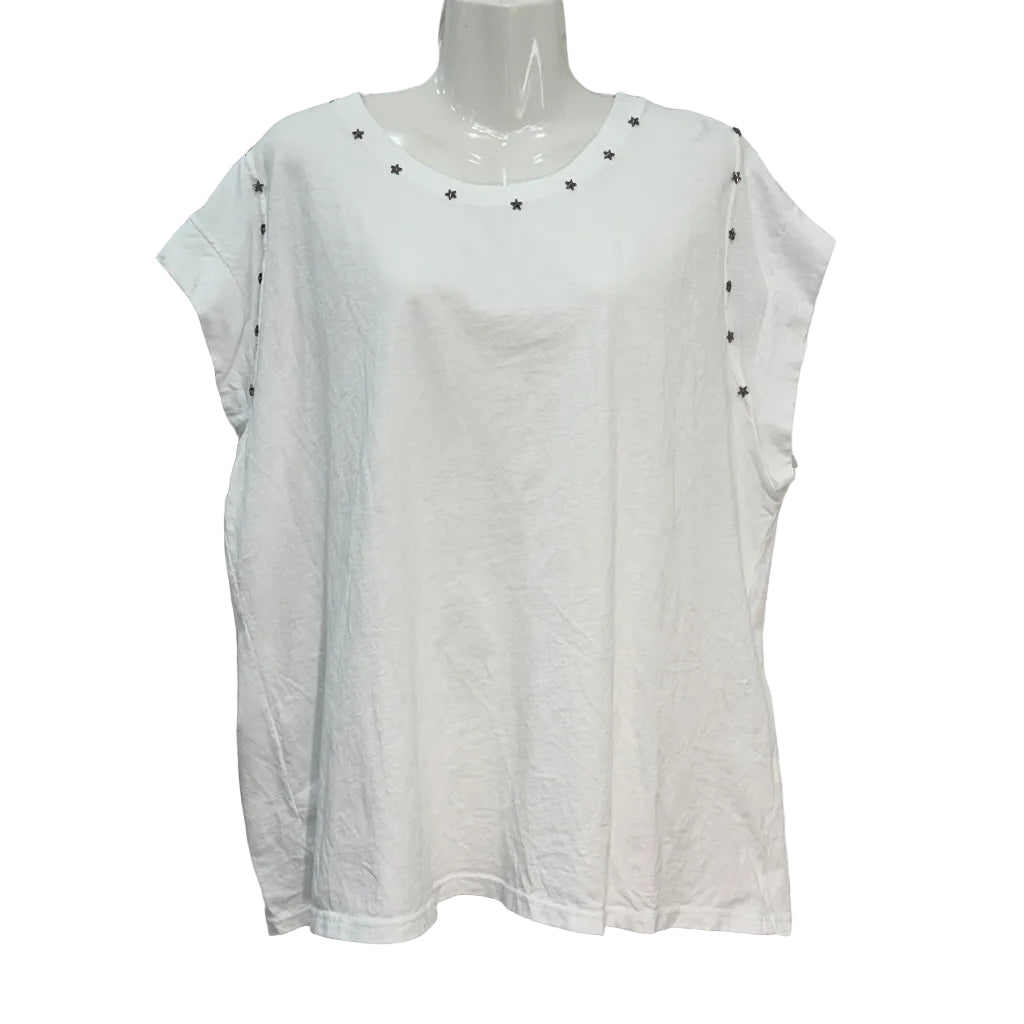 Camiseta Nera de Algodón con Tachuelas Estrella en Escote y Mangas