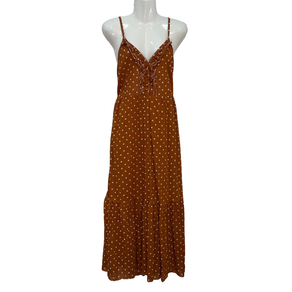 Vestido lucero maxi de lunares con escote en V, volante y lazada