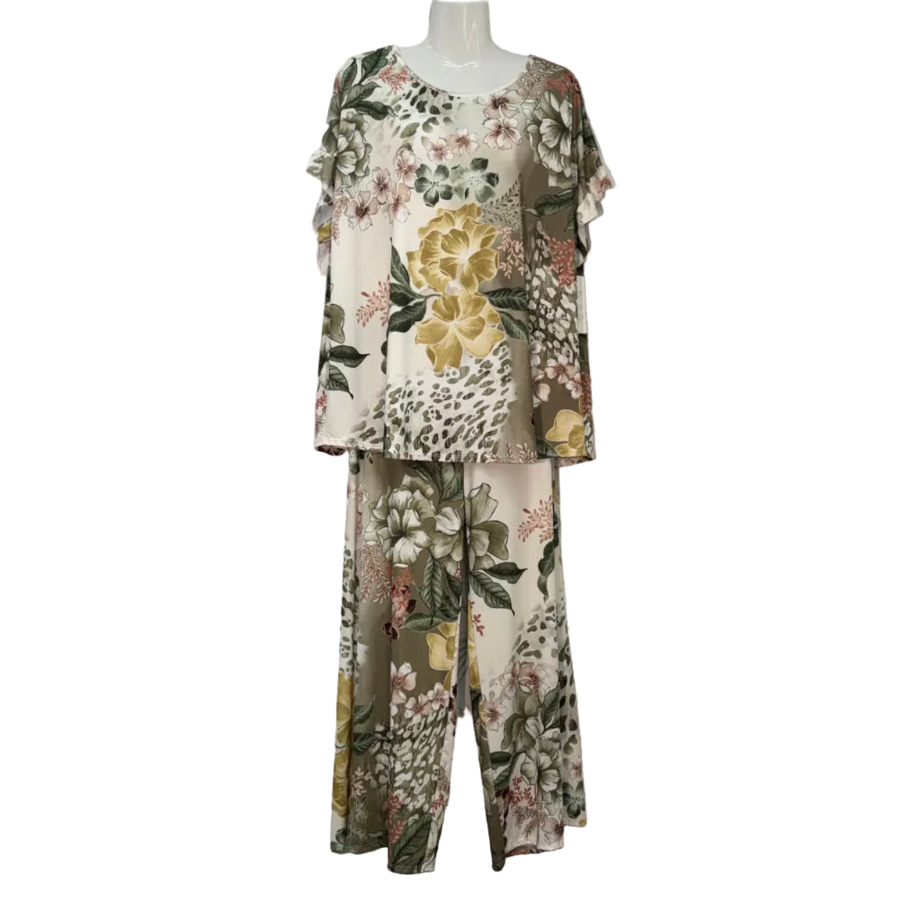 Conjunto dos piezas top manga corta volantes palazzo estampado floral tropical mujerta