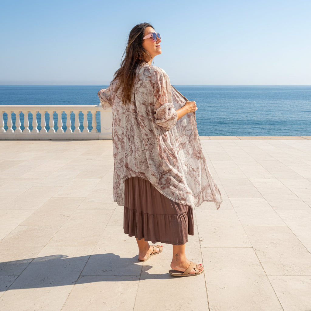 Kimono largo semitransparente con estampado botánico Tempestad