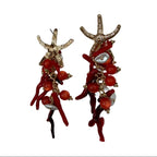 Pendientes Anemona Largos Dorados con Coral Rojo y Perlas Barrocas