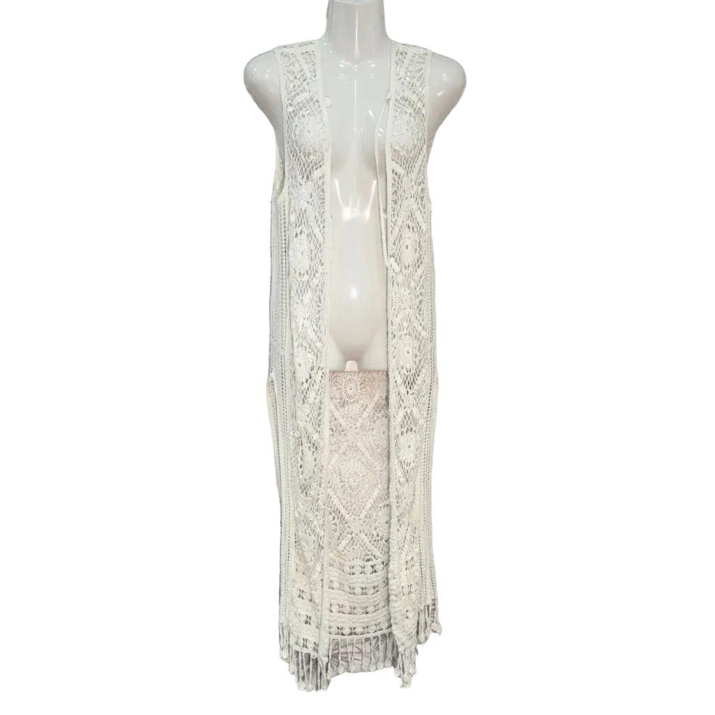 Chaleco Largo Maynda de Crochet con Flecos y Calado Boho
