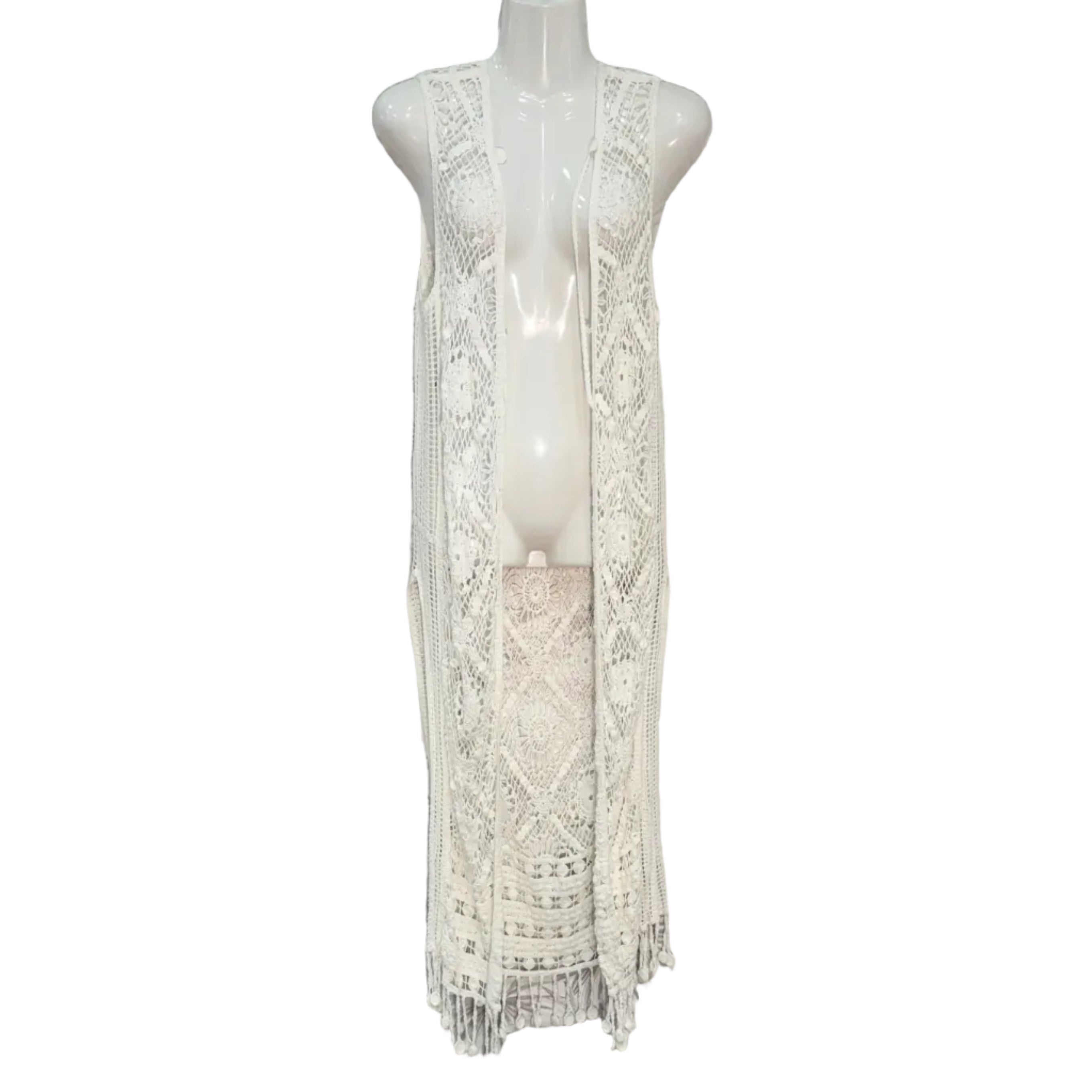 Chaleco Largo Maynda de Crochet con Flecos y Calado Boho