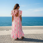 Vestido largo Siempre alegre maxi estampado ikat rayas con volantes y espalda abierta