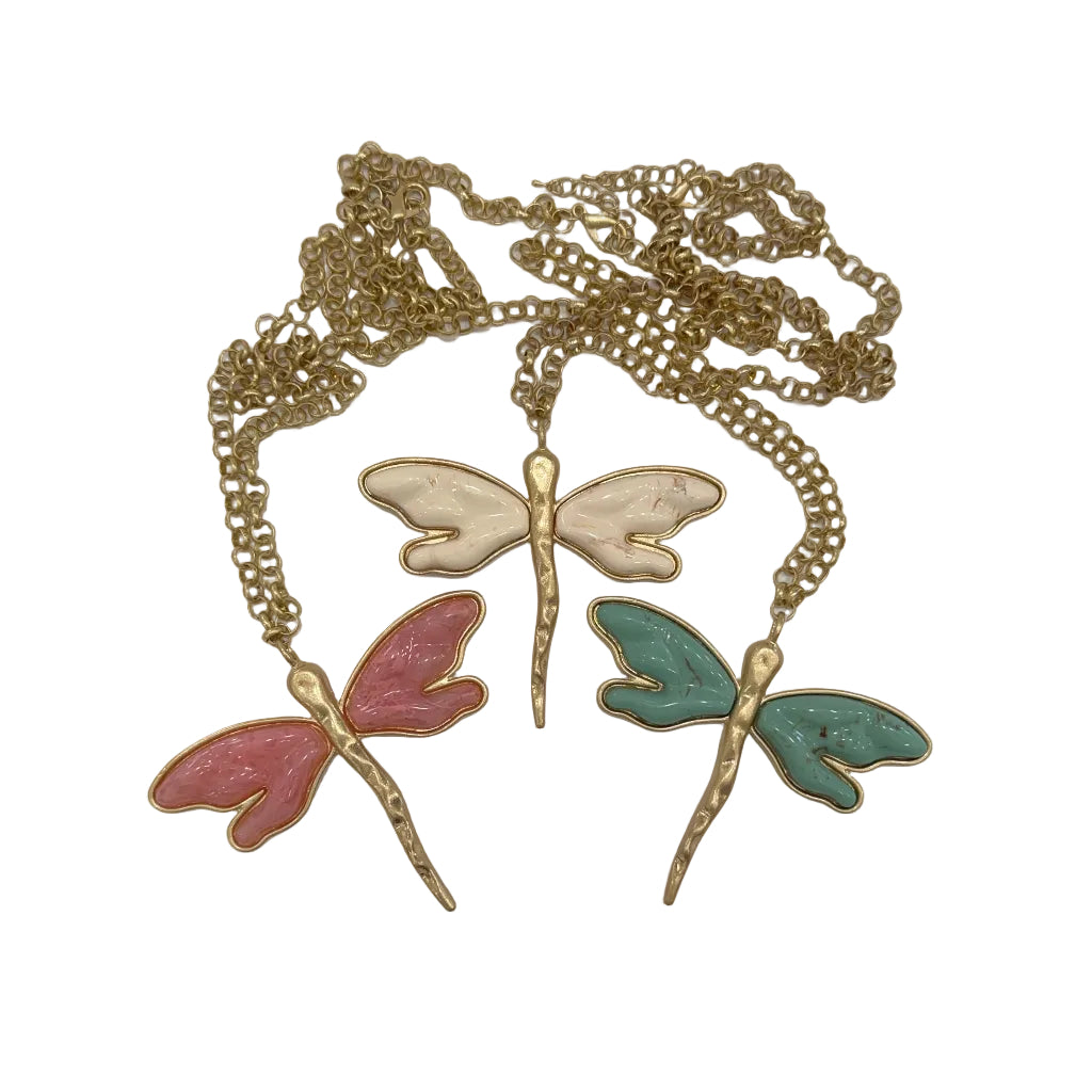 Collar libélula esmalte tres colores crudo rosa verde turquesa metal dorado Angara Moda