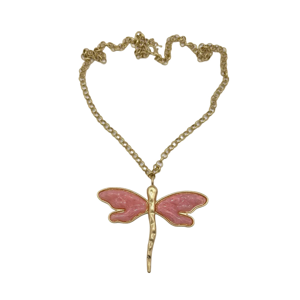 Collar libélula esmalte rosa metal dorado cadena rolo mujer Angara Moda