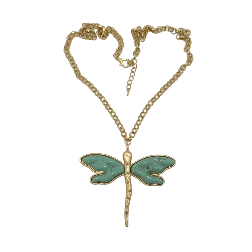 Collar libélula esmalte verde turquesa metal dorado cadena rolo mujer Angara Moda