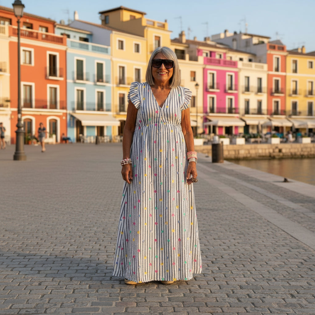 Vestido largo babydoll de rayas con corazones bordados y volantes