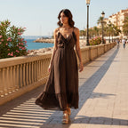 Vestido lucero maxi de lunares con escote en V, volante y lazada