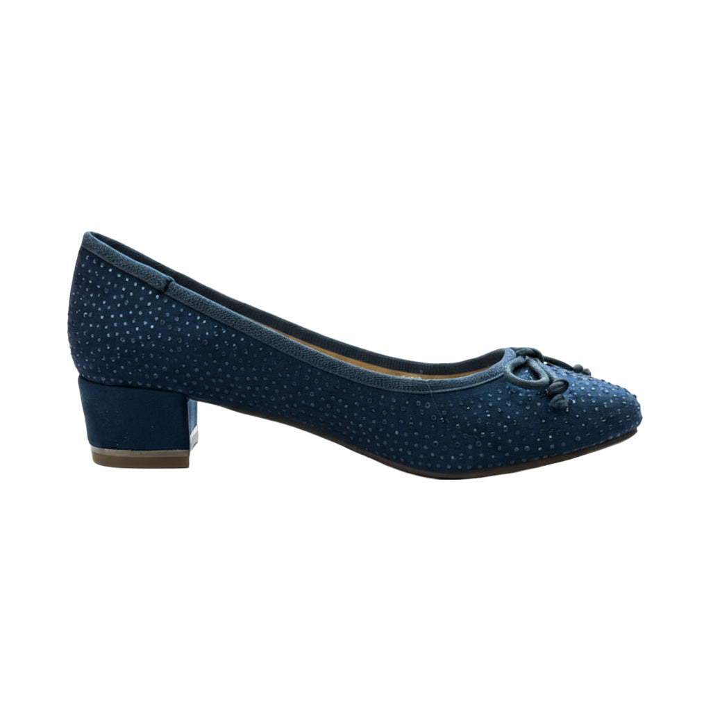 Manoletinas brillo tacon bajo en color Azul marino sobre fondo blanco para mujer Angara Moda