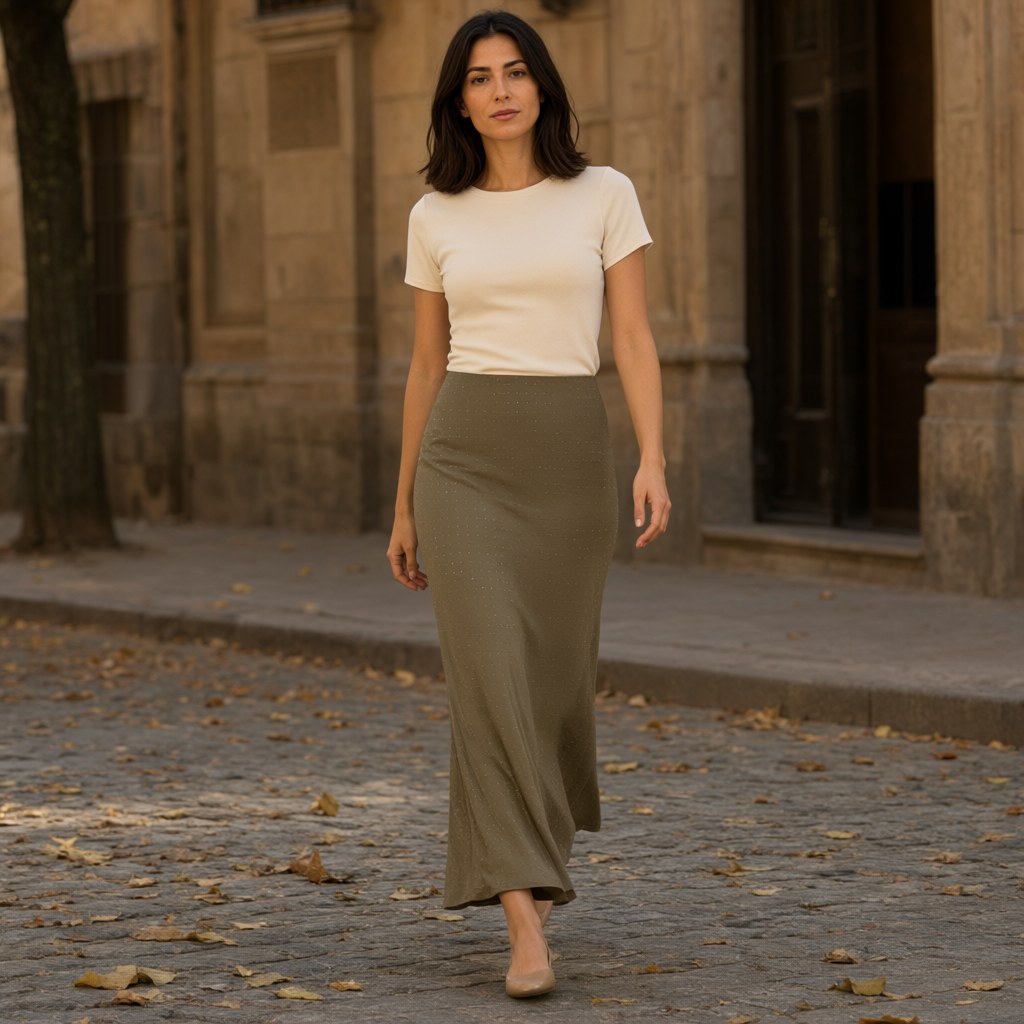 Falda larga tachas ana con una modelo para mujer Angara Moda