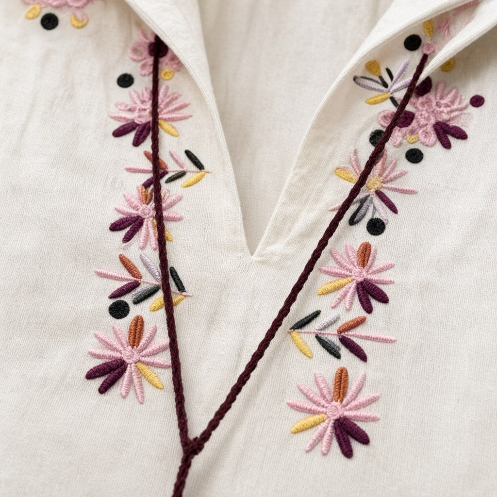 Detalle del tejido de Blusa Lapislázuli bordados florales artesanales pedrería bohemia para mujer Angara Moda