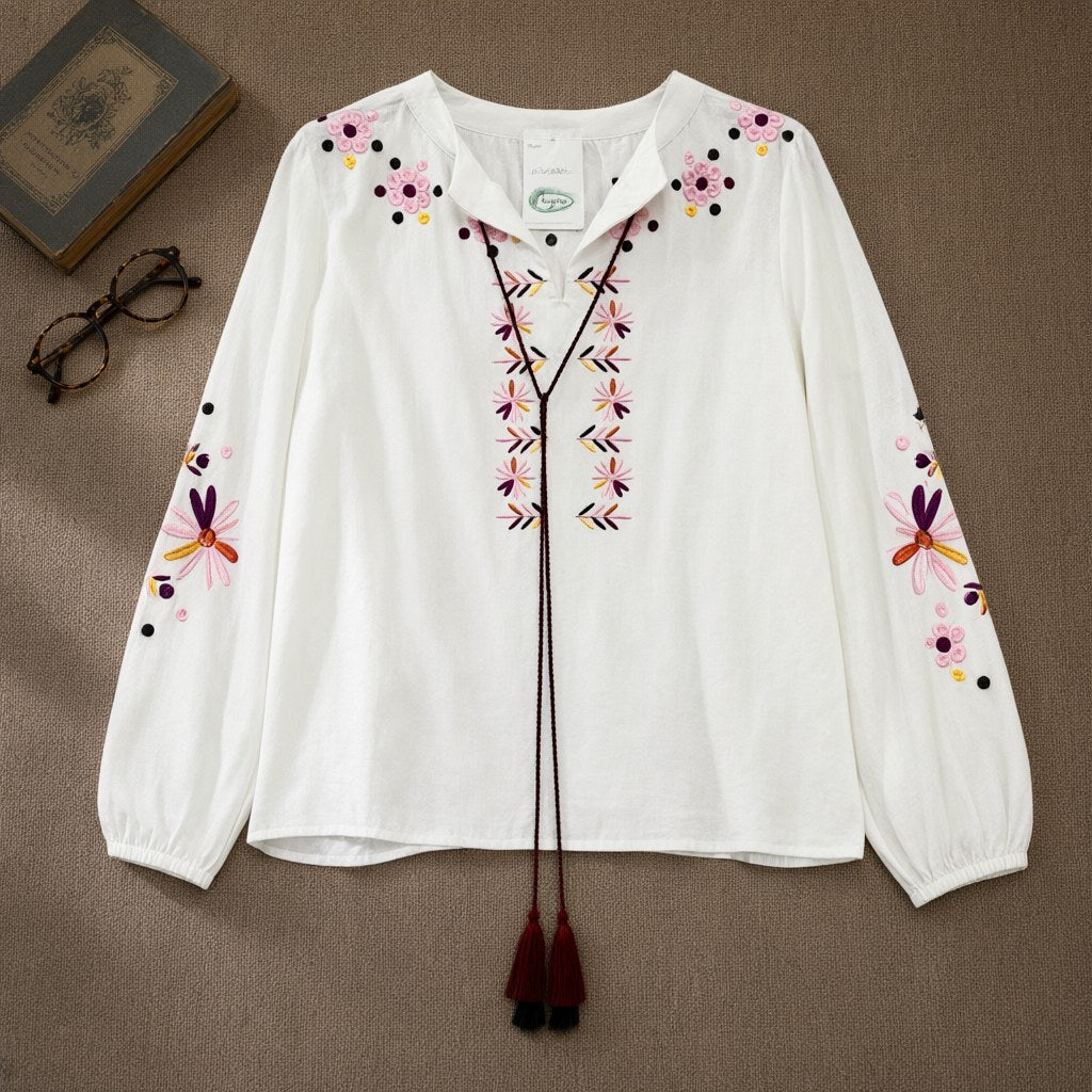 Blusa Lapislázuli bordados florales artesanales pedrería bohemia desde arriba para mujer Angara Moda