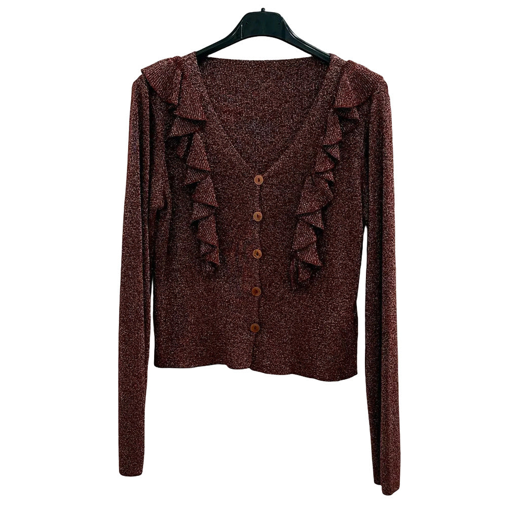 Blusa Rodonita punto lurex volantes románticos escote V botonadura sobre fondo blanco para mujer Angara Moda