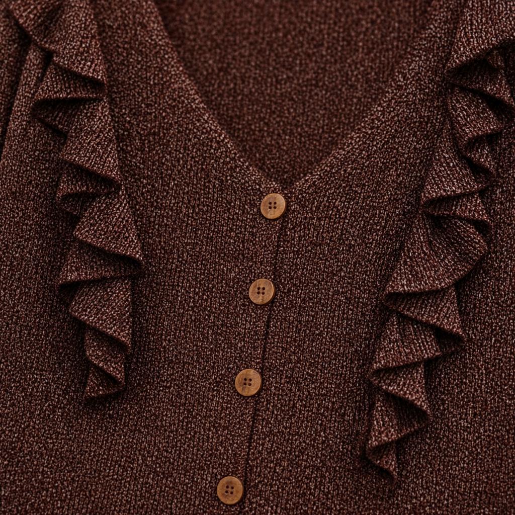 Detalle del tejido de Blusa Rodonita punto lurex volantes románticos escote V botonadura para mujer Angara Moda