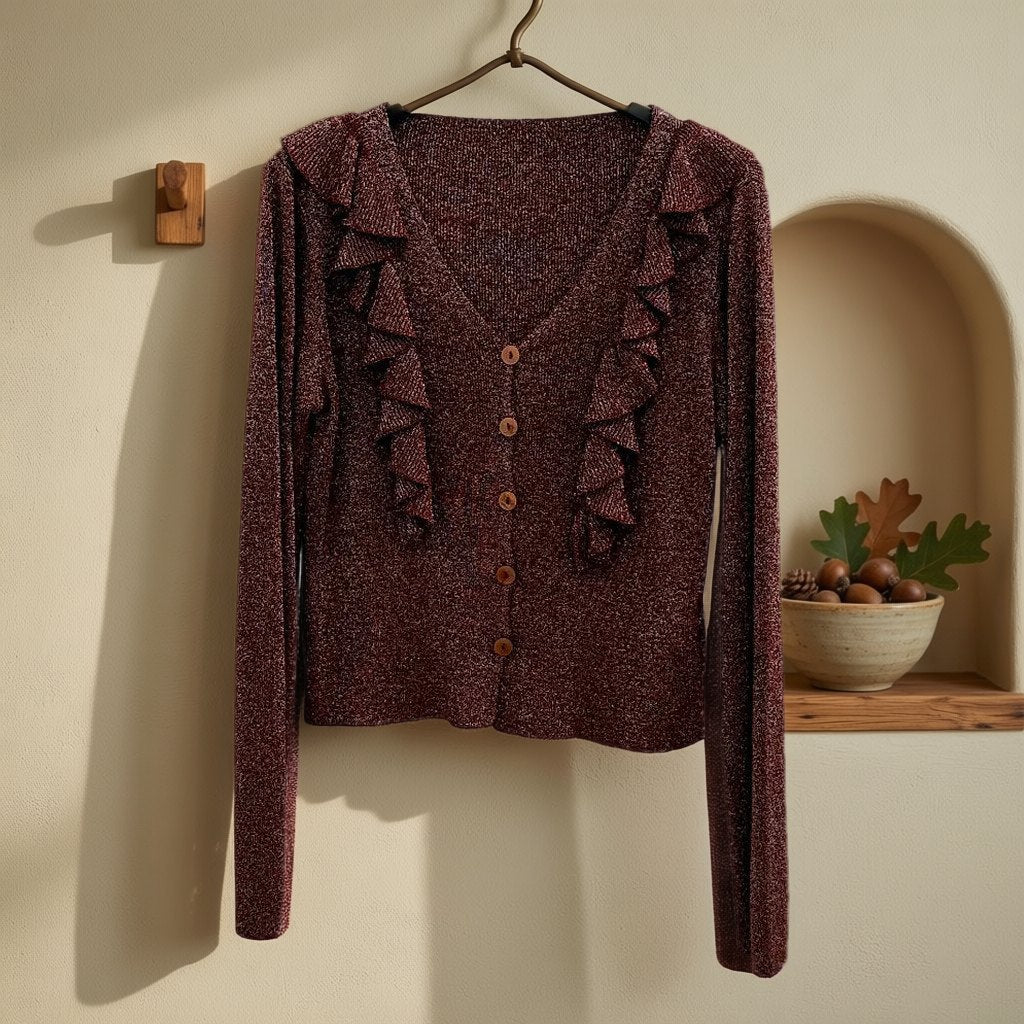Blusa Rodonita punto lurex volantes románticos escote V botonadura colgada en un ambiente para mujer Angara Moda