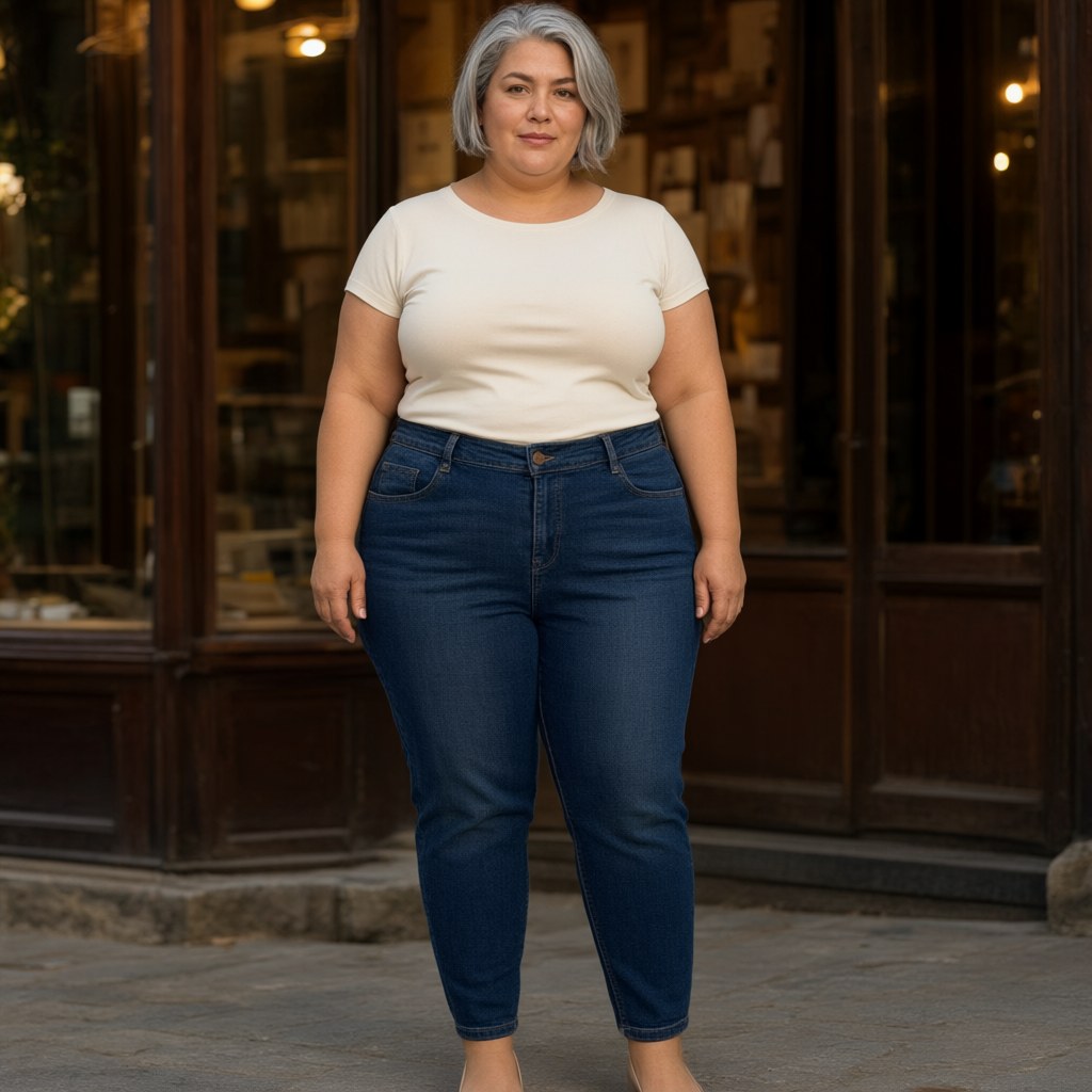 Pantalon vaquero Rociana con una modelo para mujer Angara Moda