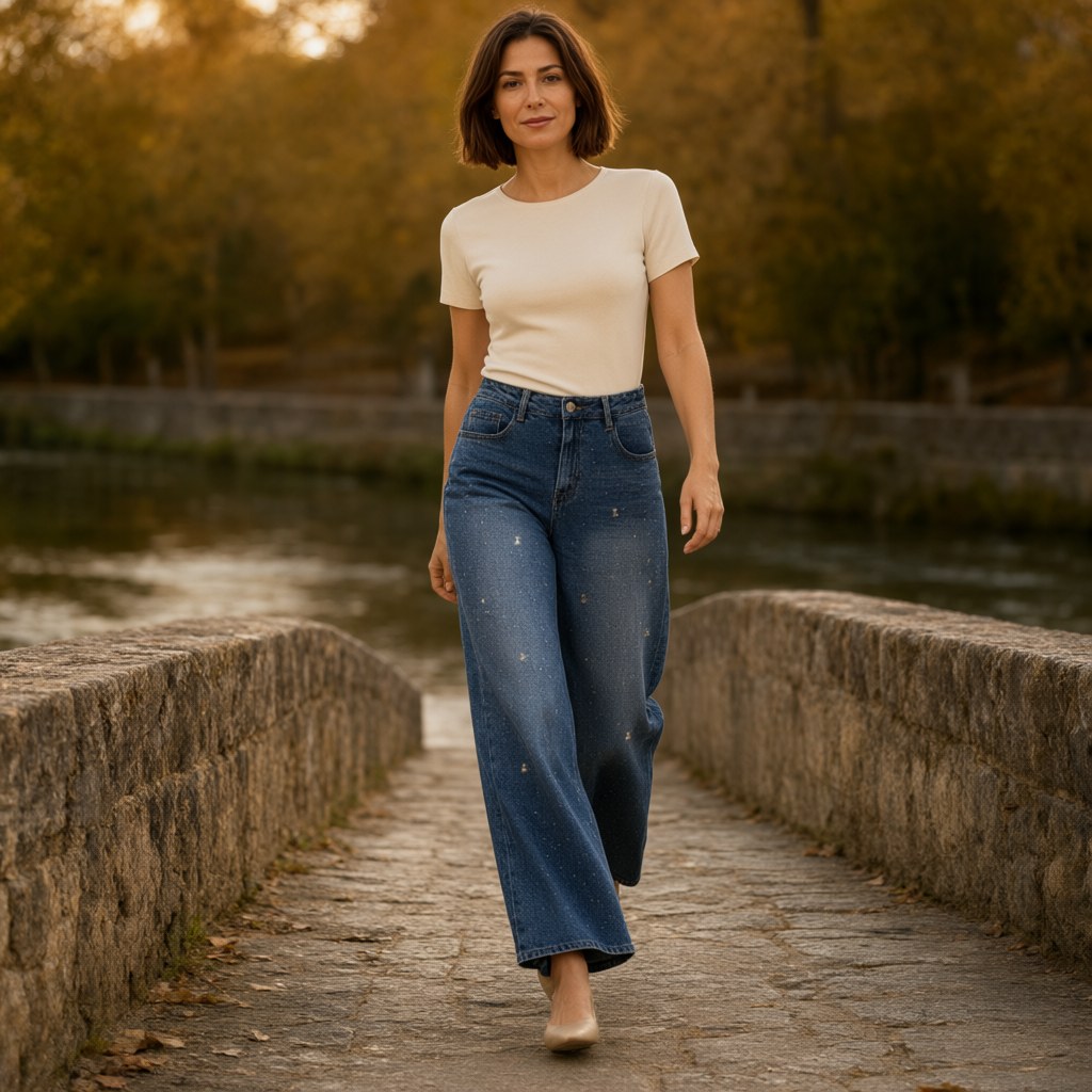 Pantalon vaquero Lucena con una modelo para mujer Angara Moda
