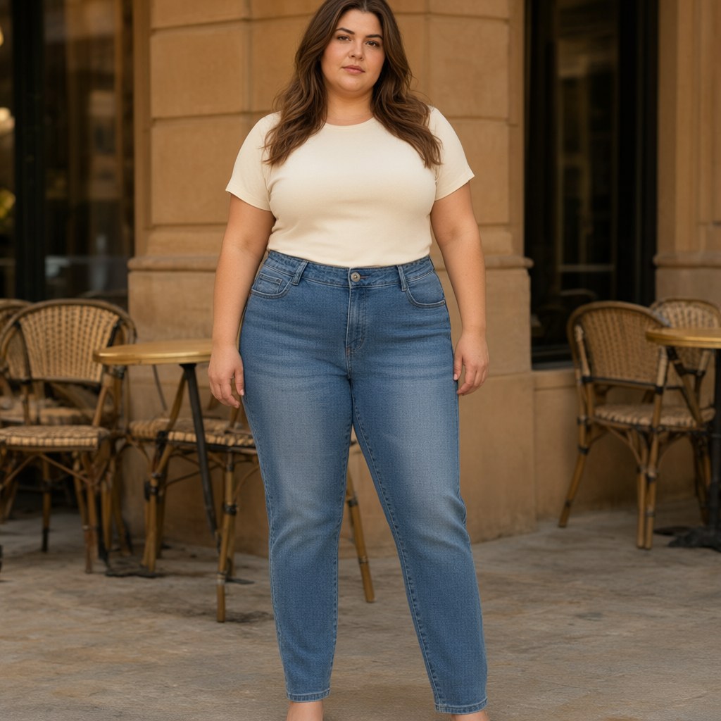 Pantalon vaquero Cazorla con una modelo para mujer Angara Moda