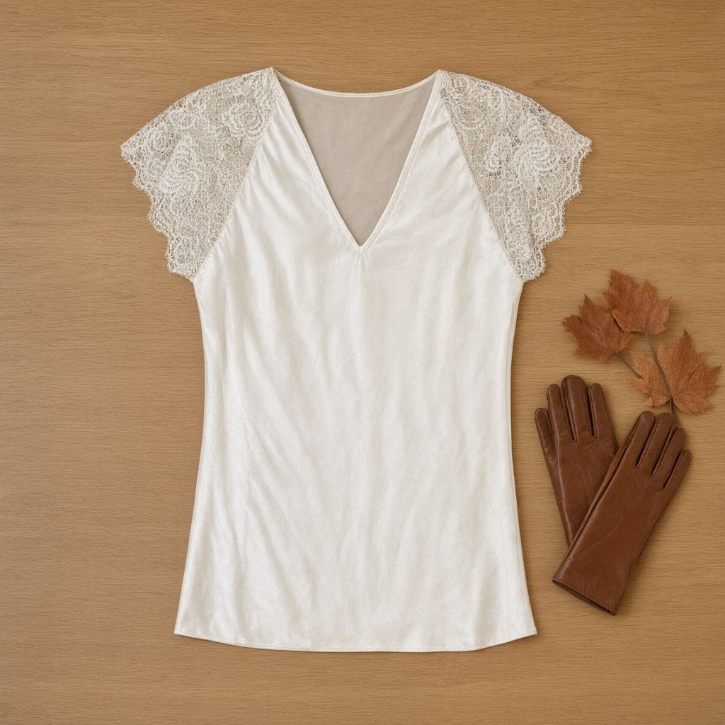 Camiseta Lencera Thalia de Raso con Encaje y Escote en Pico desde arriba para mujer Angara Moda