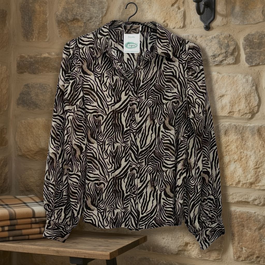 Camisa Bruma animal print cebra semitransparente cuello camisero manga larga colgada en un ambiente para mujer Angara Moda