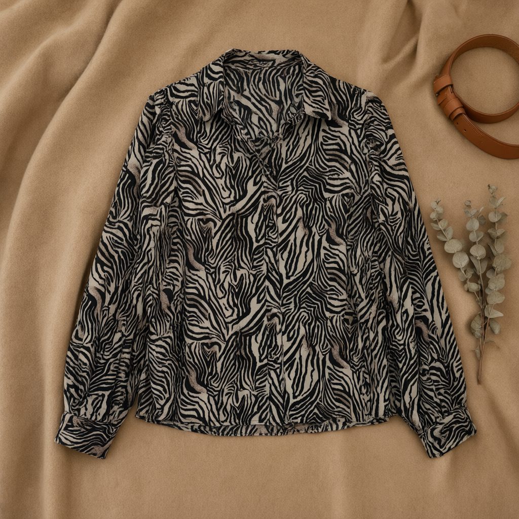 Camisa Bruma animal print cebra semitransparente cuello camisero manga larga desde arriba para mujer Angara Moda