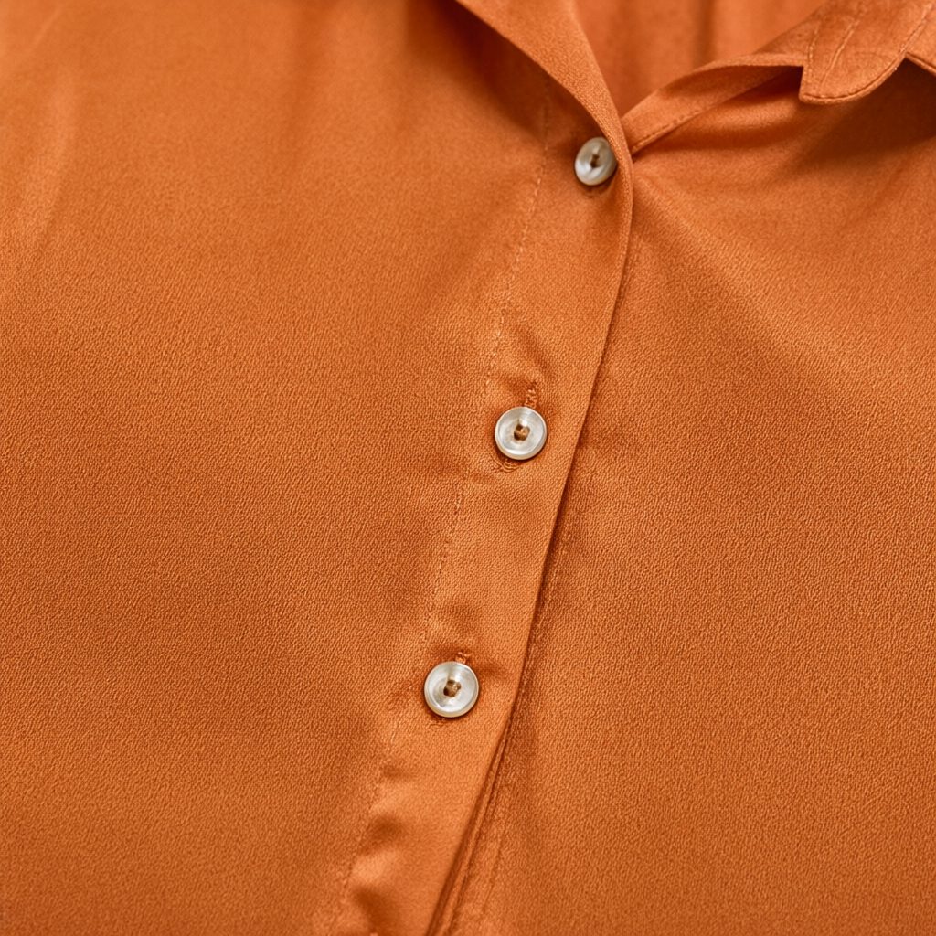 Detalle del tejido de Camisa Alba raso fluido liso cuello clásico manga larga oversize para mujer Angara Moda