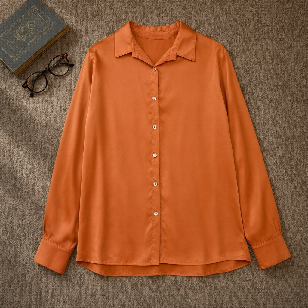 Camisa Alba raso fluido liso cuello clásico manga larga oversize desde arriba para mujer Angara Moda