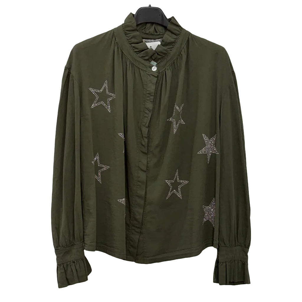 Camisa Brisa de Algodón con Estrellas de Strass y Volantes sobre fondo blanco para mujer Angara Moda