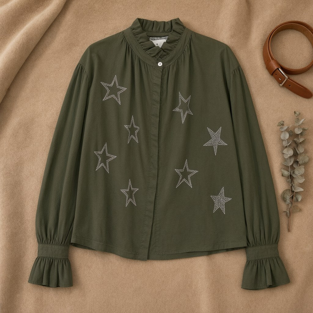 Camisa Brisa de Algodón con Estrellas de Strass y Volantes desde arriba para mujer Angara Moda