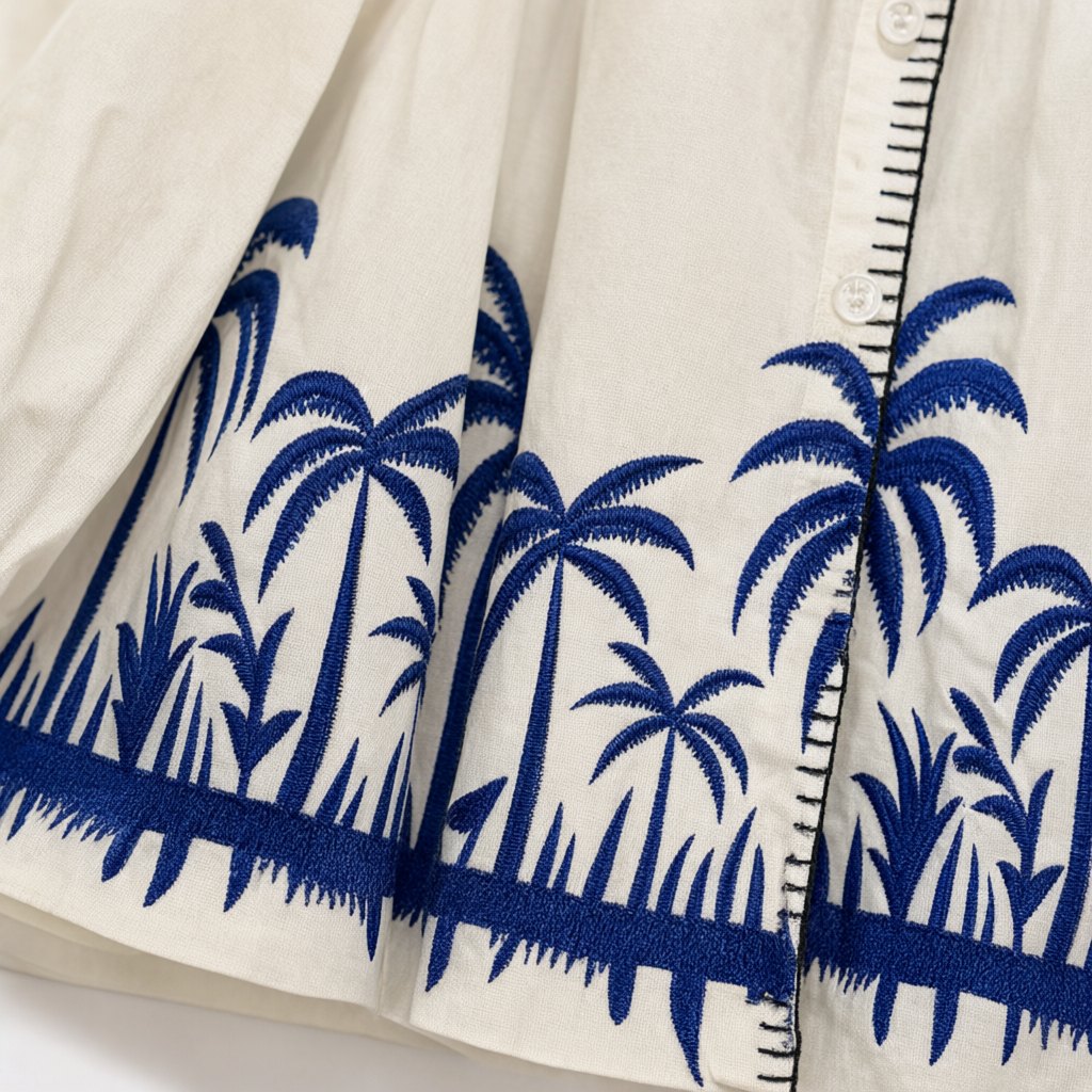 Detalle del tejido de Camisa Cedro algodón bordado palmeras artesanal pespuntes decorativos tropical para mujer Angara Moda