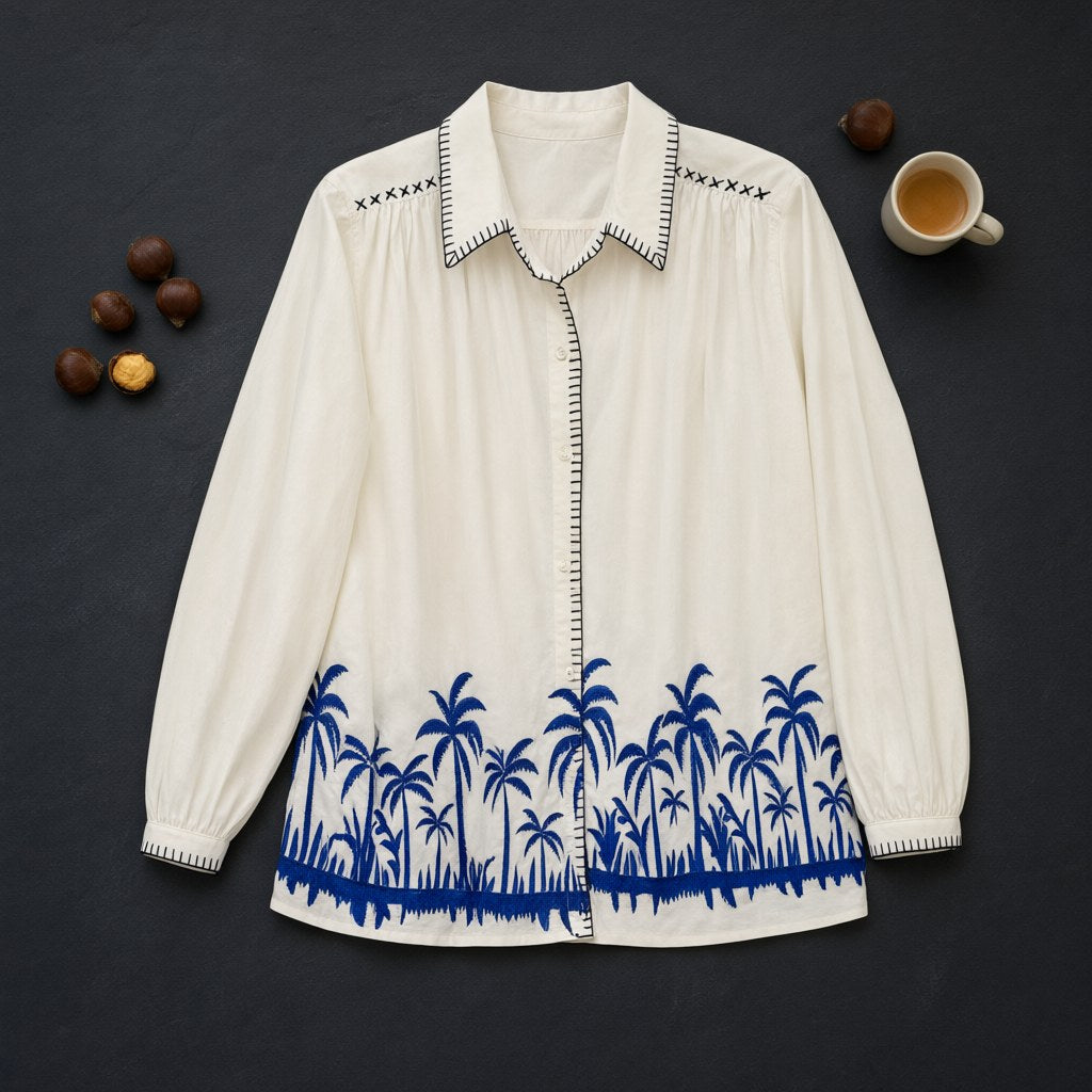 Camisa Cedro algodón bordado palmeras artesanal pespuntes decorativos tropical desde arriba para mujer Angara Moda