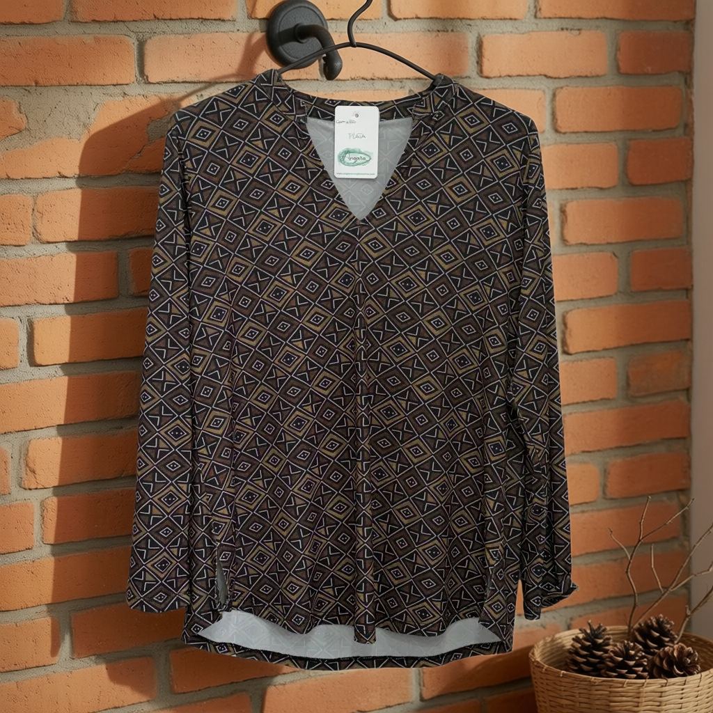 Blusa Plata estampado geométrico étnico tejido fluido volante asimétrico colgada en un ambiente para mujer Angara Moda
